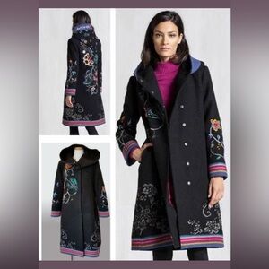 IVKO Black Wool Embroidered Hooded Coat.  Size 40.